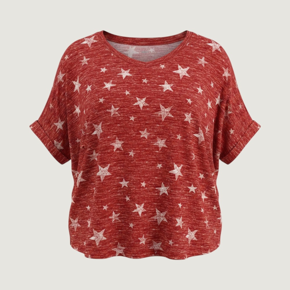 Maurices 24/7 Star Print T-Shirt Women 4X Red Short Sleeve Boxy Crew Neck Top